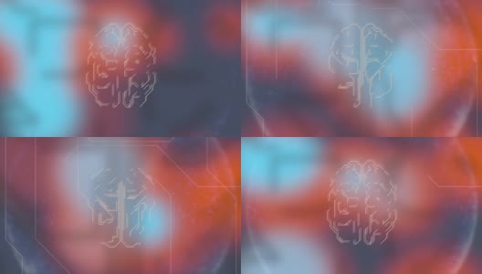 在蓝红色背景和脉冲脑电波的动画三维人脑模型。高清在线视频素材下载