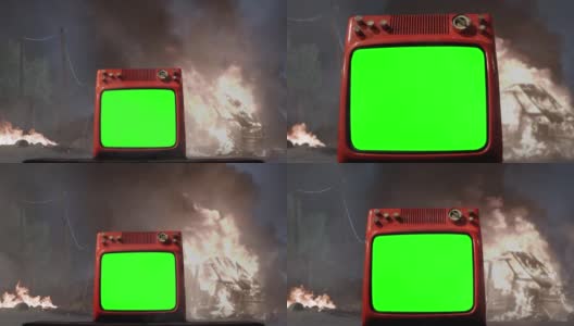 复古电视与绿色屏幕上的背景与一辆着火的汽车。高清在线视频素材下载