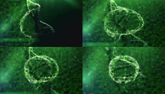 黑色背景下绿色连接的DNA株和人类大脑的动画高清在线视频素材下载