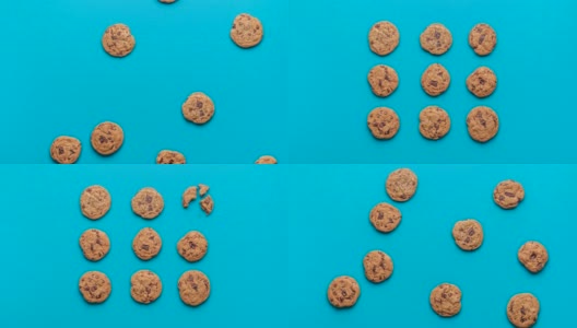 巧克力饼干的动画。cookie在蓝色背景上移动高清在线视频素材下载