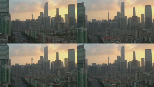 日落天空广州市市中心区繁忙的交通街道航拍全景4k中国高清在线视频素材下载