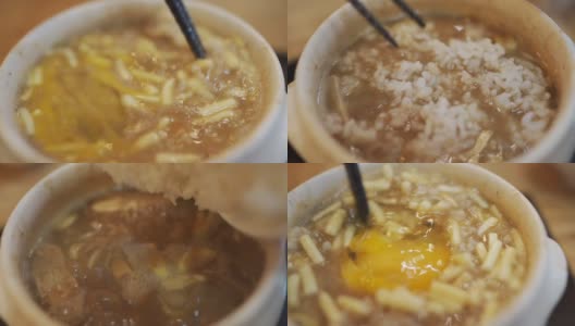 用米饭、鸡蛋、芝士、日式拉面烹制日式料理高清在线视频素材下载