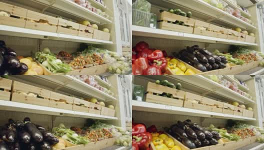 超市货架上的各种蔬菜和水果高清在线视频素材下载