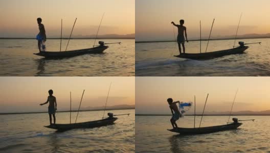 泰国渔民在长尾船上捕鱼高清在线视频素材下载