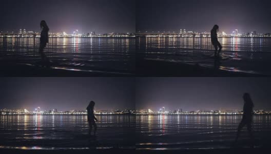 女人看夜景站在河边，与原始音频高清在线视频素材下载