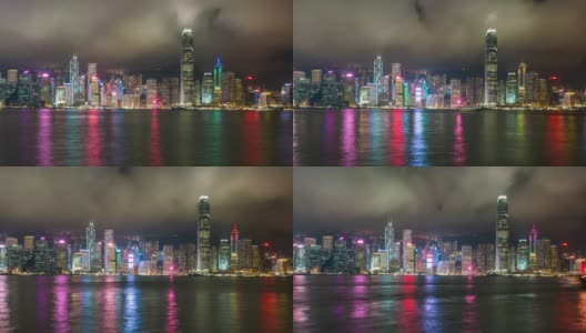 时间流逝，香港城市夜景。从维多利亚港眺望香港摩天大楼高清在线视频素材下载