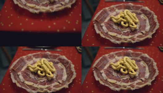 4K，一盘美味的西班牙火腿，名叫塞拉诺火腿高清在线视频素材下载