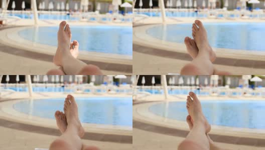 男人的脚在游泳池的背景下，放松度假高清在线视频素材下载