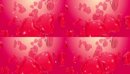 逼真的3d卡通红心飞行和旋转粉红色的背景。五彩缤纷的情人节象征。抽象浪漫的节日或广播装饰概念。循环3 d动画。高清在线视频素材下载