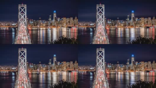T/L WS HA旧金山天际线夜景和海湾大桥/旧金山，加利福尼亚州，美国高清在线视频素材下载