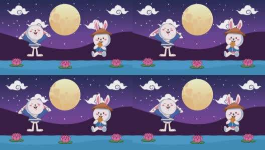 中秋动画与兔子夫妇和月亮在湖中高清在线视频素材下载