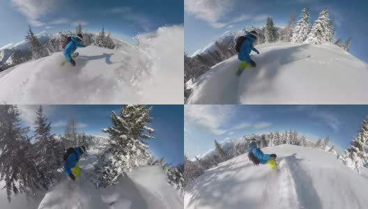 自拍:一名滑雪者在穿越森林的同时雕刻着新鲜的粉末雪高清在线视频素材下载