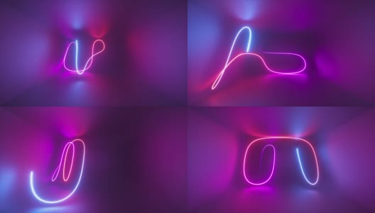 3d抽象背景与发光的霓虹线移动在漫长的黑暗隧道。粉红色和蓝色的循环涂鸦，充满活力的霓虹灯照明。激光路径，混沌轨迹，光束高清在线视频素材下载