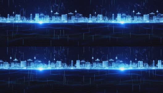 3D数字城市线框由亮蓝和白色的粒子环背景组成。高清在线视频素材下载