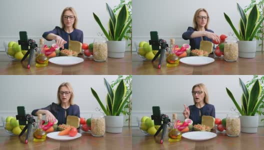 女性营养学家谈论健康饮食在智能手机上录制视频流高清在线视频素材下载