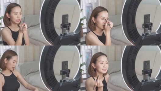 亚洲女性在社交媒体上直播化妆高清在线视频素材下载