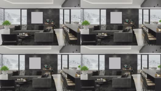 4k现代极简公寓内部。客厅，厨房和餐厅。冬天的场景。高清在线视频素材下载