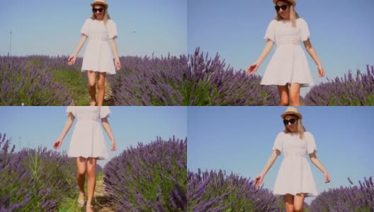 生活方式与一个年轻的金发白种女人漫步在一个夏天的下午紫色的薰衣草田在白色的裙子和帽子。在薰衣草花丛中漫步高清在线视频素材下载