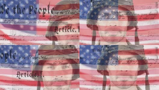 数字合成视频的美国宪法文本反对挥舞美国国旗和美国士兵高清在线视频素材下载