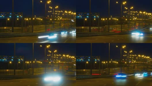 公路交通车辆在夜间时间流逝。汽车行驶在道路上的桥晚上延时。高清在线视频素材下载