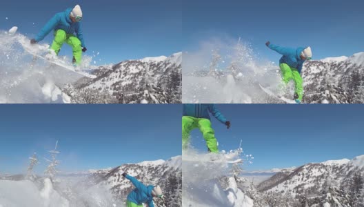 特写:极限越野滑雪板在阳光明媚的蓝天上跳得很高。高清在线视频素材下载