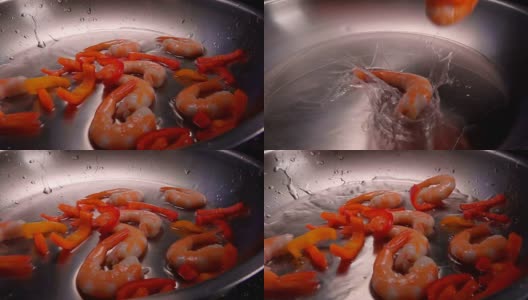 把虾和辣椒粉倒入平底锅高清在线视频素材下载