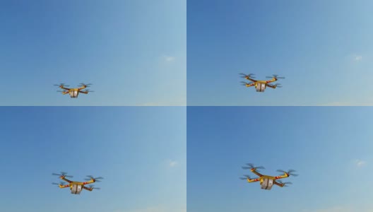 无人机送货-无人机在晴朗的天气和蓝天下运送一个纸箱包裹高清在线视频素材下载