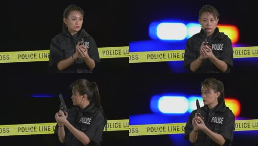 亚裔美国女警官指着手枪与犯罪现场和闪光警笛在背景高清在线视频素材下载