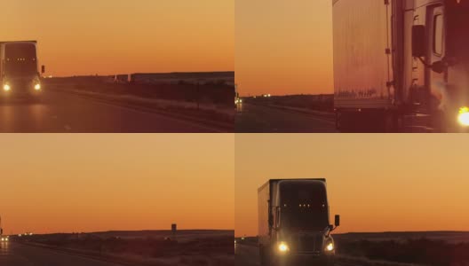 在金色的日出中，半挂车行驶在乡村公路上高清在线视频素材下载