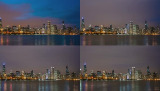 4K时间推移的芝加哥天际线全景芝加哥市中心与密歇根湖沿岸在美丽的夜晚在芝加哥，伊利诺斯州，美国，商业和现代建筑概念高清在线视频素材下载