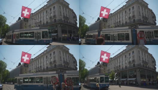 阳光明媚的一天苏黎世市中心交通街道慢镜头全景4k瑞士高清在线视频素材下载