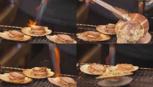 SLO MO烤扇贝炉日本街市场高清在线视频素材下载