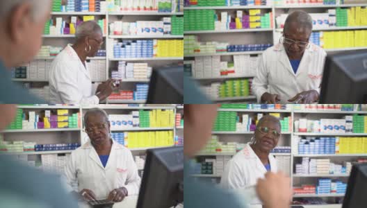 高级药剂师扶着一位顾客，伸手到货架上的一些药品高清在线视频素材下载
