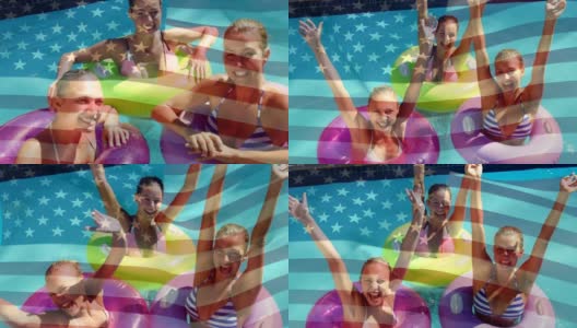 泳池里的女人和美国国庆日的国旗。高清在线视频素材下载