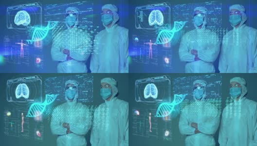 冠状病毒疫苗研究人员戴着口罩和西装进行智能移动病毒分析，医学实验室物联网技术AI移动医疗数字化未来展示。高清在线视频素材下载