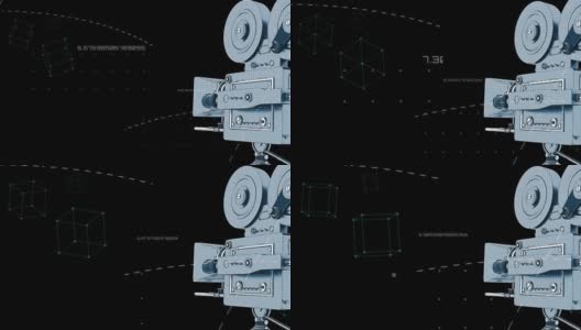 动画电影摄影机在白色几何形状和数据处理在黑色背景高清在线视频素材下载