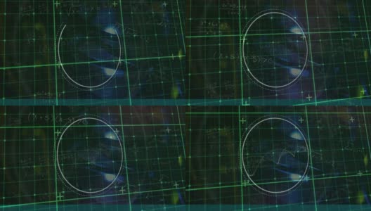 动画的绿色网格和圆形扫描仪与旋转螺旋和方程，在黑色的背景高清在线视频素材下载