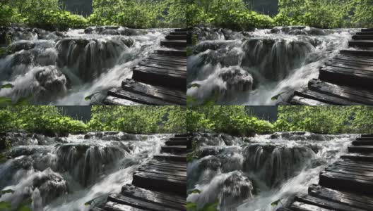 克罗地亚Plitvice木桥旁的小溪向山下流淌高清在线视频素材下载