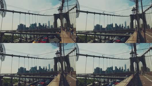 布鲁克林大桥上的汽车和行人高清在线视频素材下载