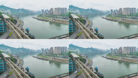 临近河流、天际线和重庆城市景观的道路交通繁忙。间隔拍摄4 k高清在线视频素材下载
