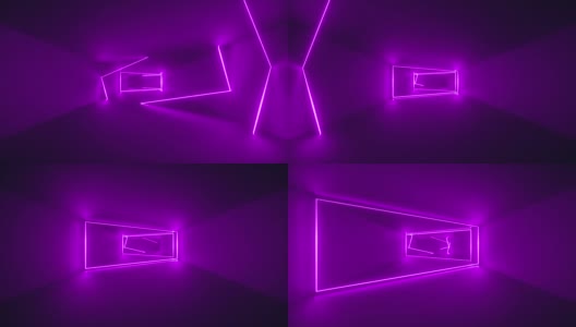 穿越无尽的走廊，紫色的霓虹灯，发光的线条，紫外线，紫色的框架，抽象的霓虹灯背景，虚拟现实界面，移动隧道内高清在线视频素材下载