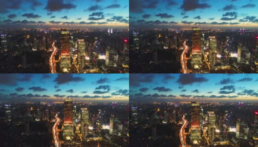 无人机拍摄:上海CBD夜间的4K鸟瞰图。高清在线视频素材下载