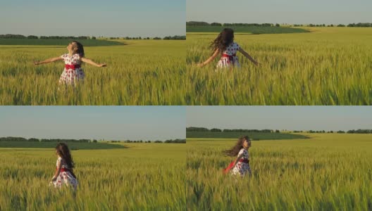 一个快乐的孩子在田里纺纱高清在线视频素材下载