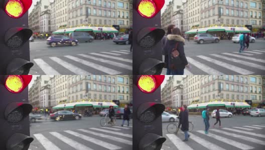 街道交通红灯，行人过马路，活跃的城市生活高清在线视频素材下载