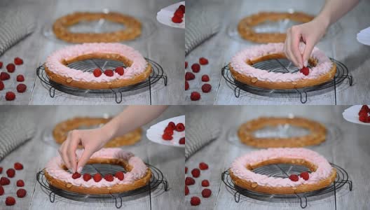 准备自制泡芙糕点巴黎布雷斯特蛋糕。法国甜点。高清在线视频素材下载