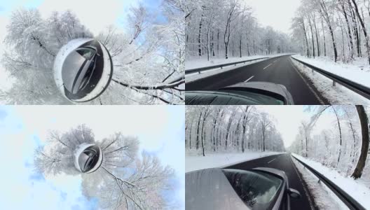 汽车正在穿越冬日森林，360度，VR360, 360VR, 360Video，小小星球效果高清在线视频素材下载