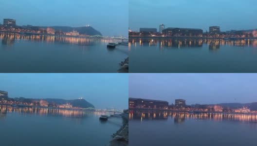 多瑙河河岸与自由桥布达佩斯冬夜城市景观高清在线视频素材下载
