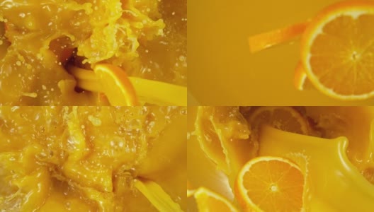 超级慢的橘子汁飞溅。高清在线视频素材下载