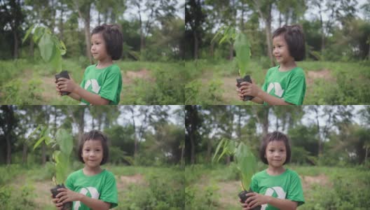 在森林里为种植园搬运树木的小孩。地球日。高清在线视频素材下载