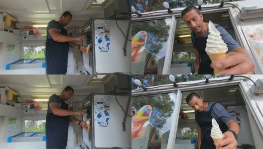 从冰淇淋车里卖冰淇淋的人高清在线视频素材下载